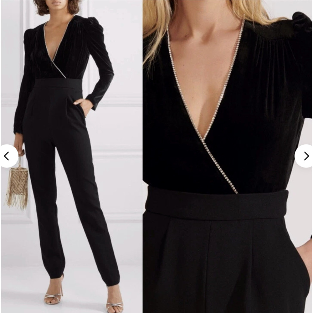 NWT Veronica Beard 4 Velvet Crystal Cleo Jumpsuit Puff Shoulder Wrap Neckline